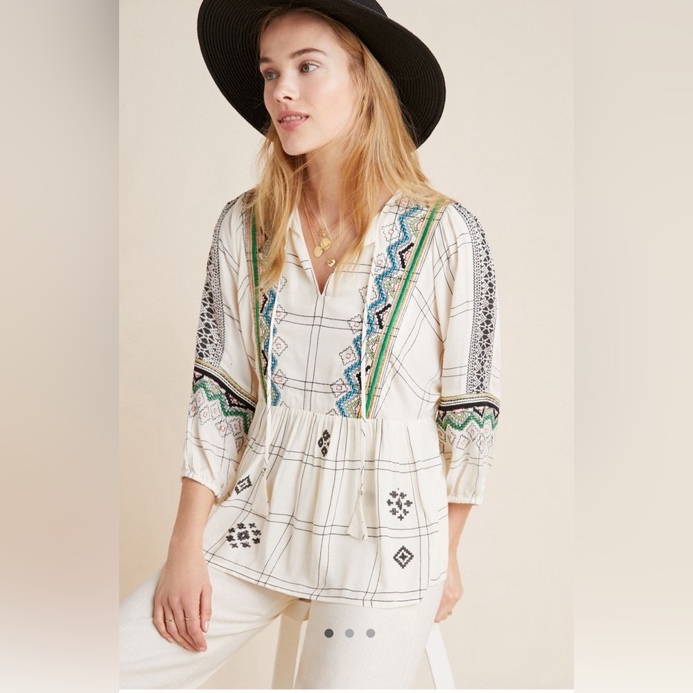 Vineet Bahl Anthropologie Brielle Embroidered Peasant Top Small